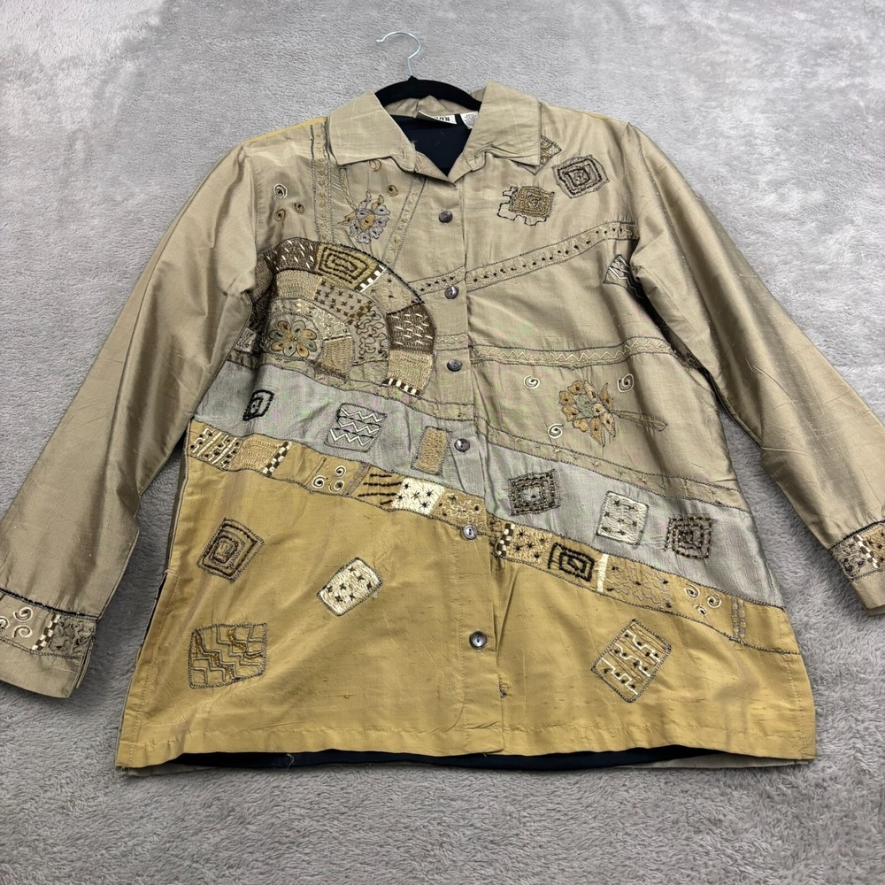VTG Chicos Design Silk Beaded Embroidered Shacket Womens 1/S Brown‎ Artsy Boho